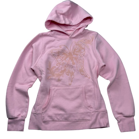 Arizona Jean Company Other - VTG Y2K Arizona Jean Co Pink Butterfly Rhinestone Hoodie Pullover Girls XL 16